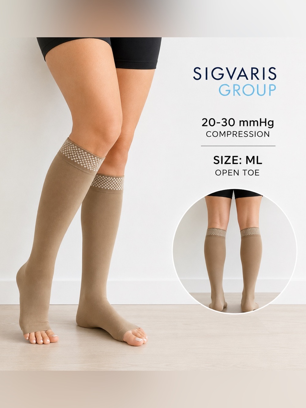 Sigvaris 20-30 mmHg Compression Stockings ML Beige Open Toe AS IS